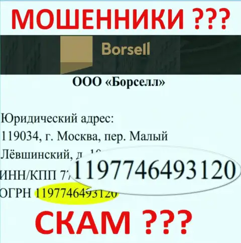 Номер регистрации преступно действующей компании Borsell - 1197746493120