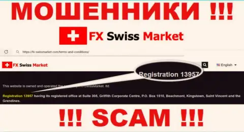 Как указано на официальном веб-сайте махинаторов FX-SwissMarket Com: 13957 - это их рег. номер