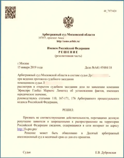 Решение арбитражного суда Московской области по иску мошенников FxPro Group Limited в отношении сайта Фх-Про.Про