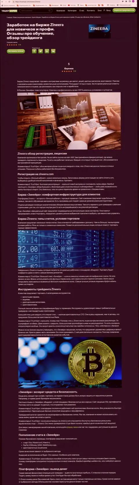 Обзор условий для торговли крипто брокерской организации Зинейра на портале Trustviper Com