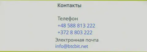 Телефоны и адрес электронного ящика обменного online пункта БТЦБит