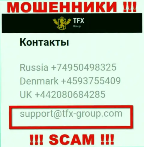 В разделе контактных данных, на официальном сайте мошенников TFX Group, найден представленный адрес электронного ящика