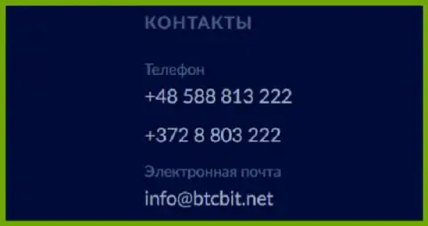 Номера телефонов и Е-майл обменного онлайн-пункта БТЦ Бит